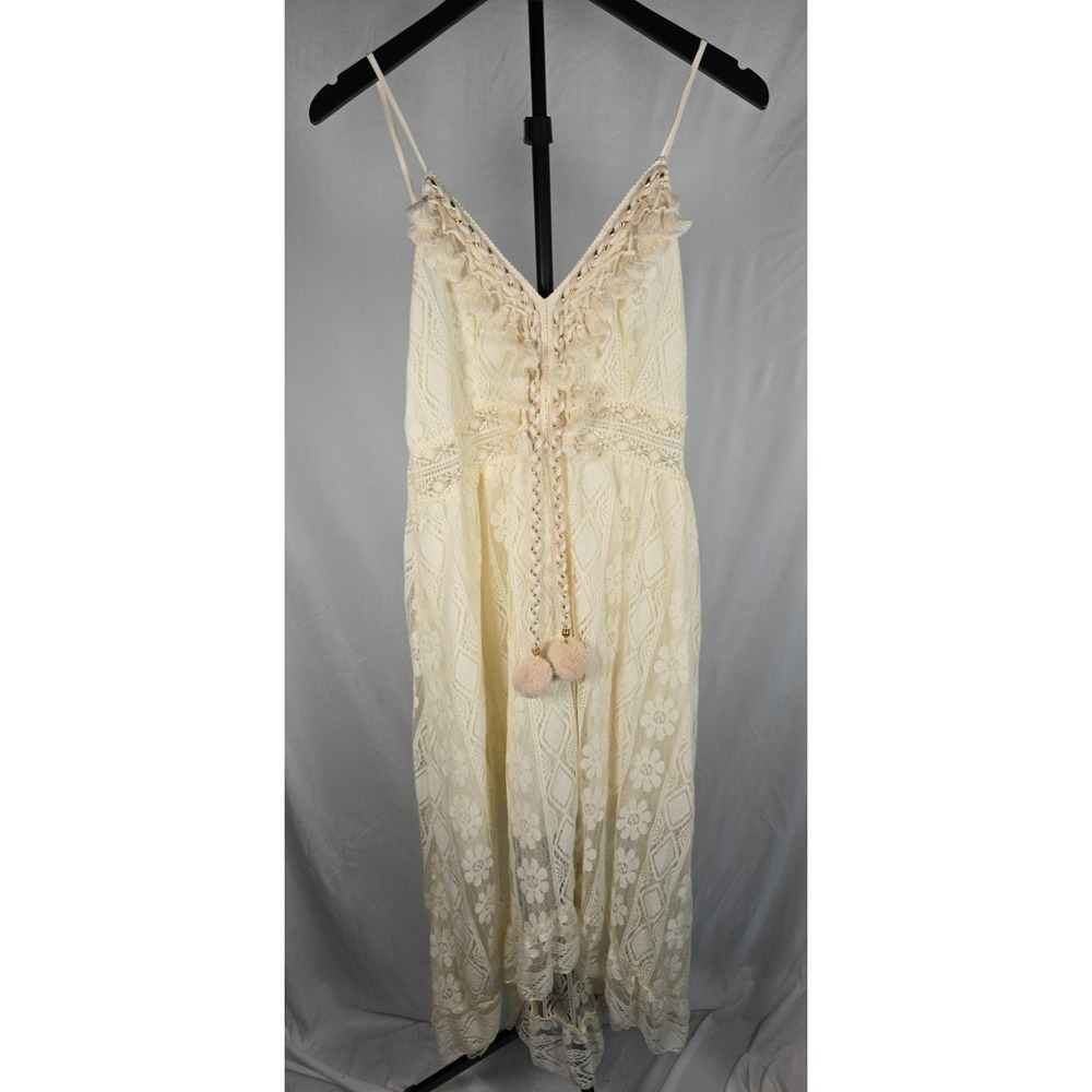 Cupshe Sz M Boho Lace Maxi Dress Cream Tassel High Low Beach Vacation NWT